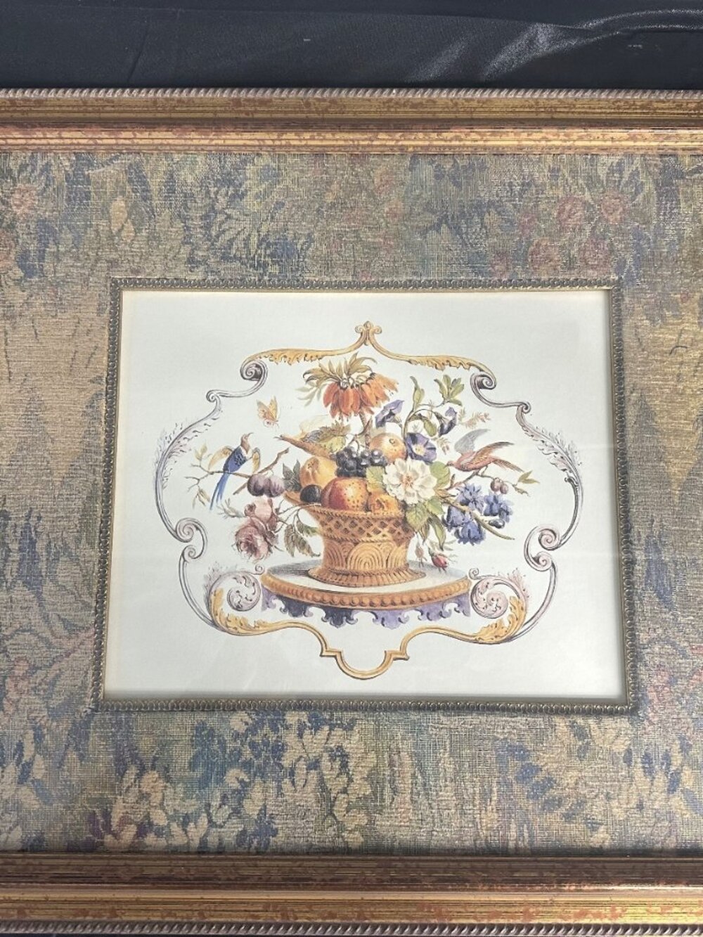 This is a Victorian-style still life art print featuring an ornate centerpiece…